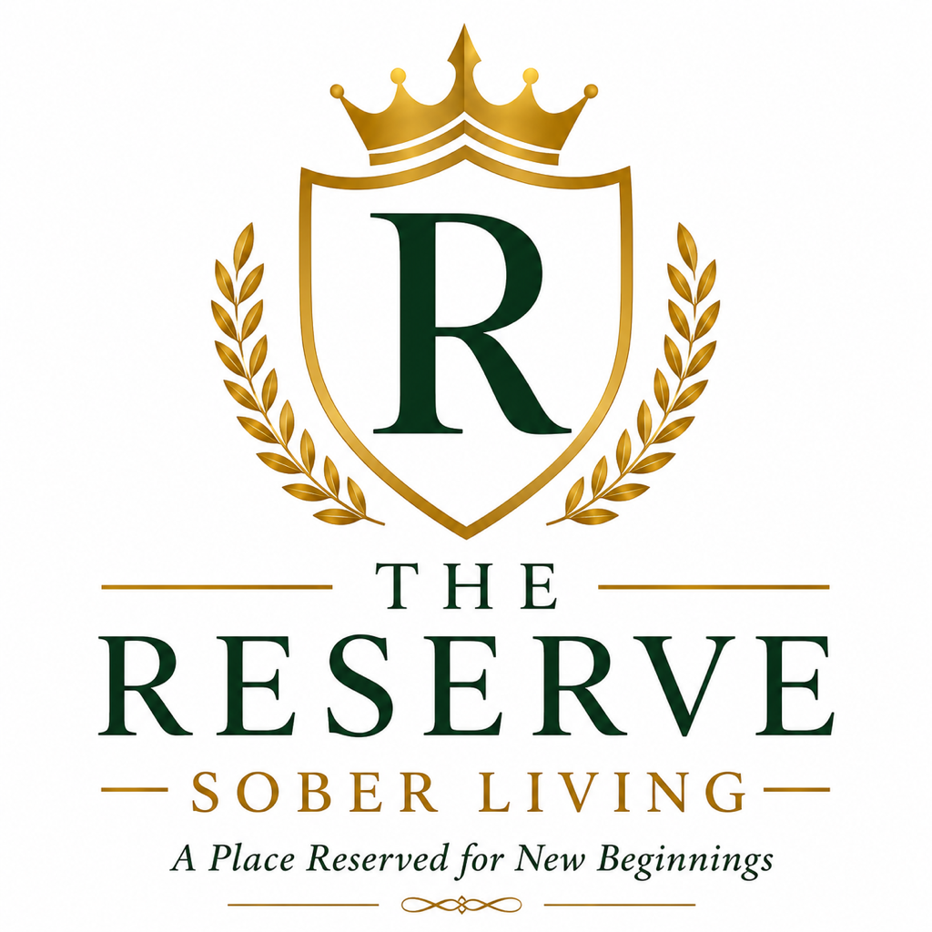 The Reserve Sober Living gold crown and green R logo